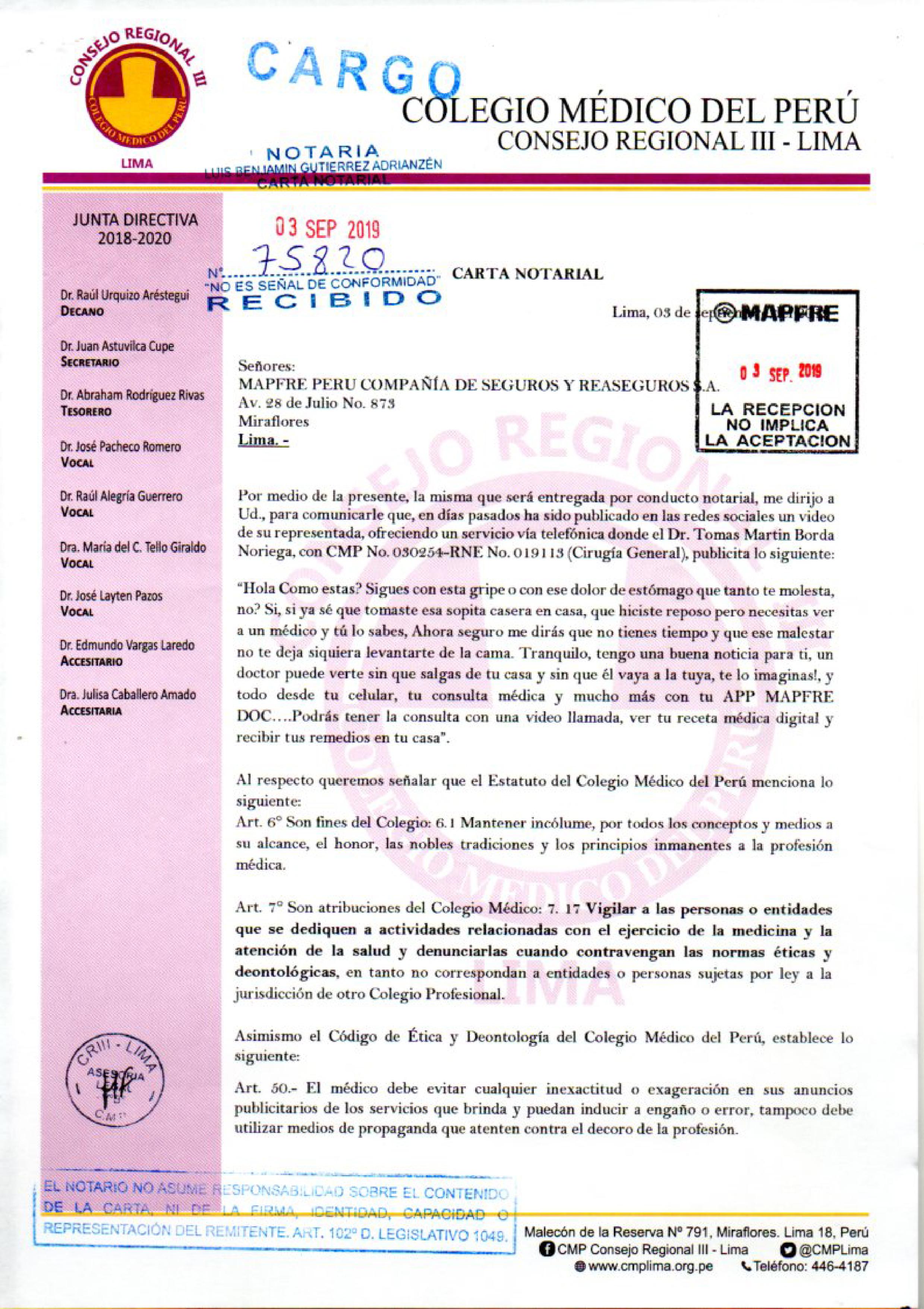 Carta notarial del Colegio Médico del Perú a Mapfre.